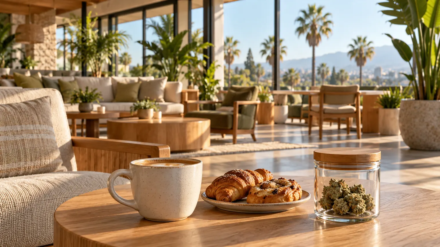 Coffee, pastries and a plain cannabis jar sit on a table in a sunlit California-style cafe.
