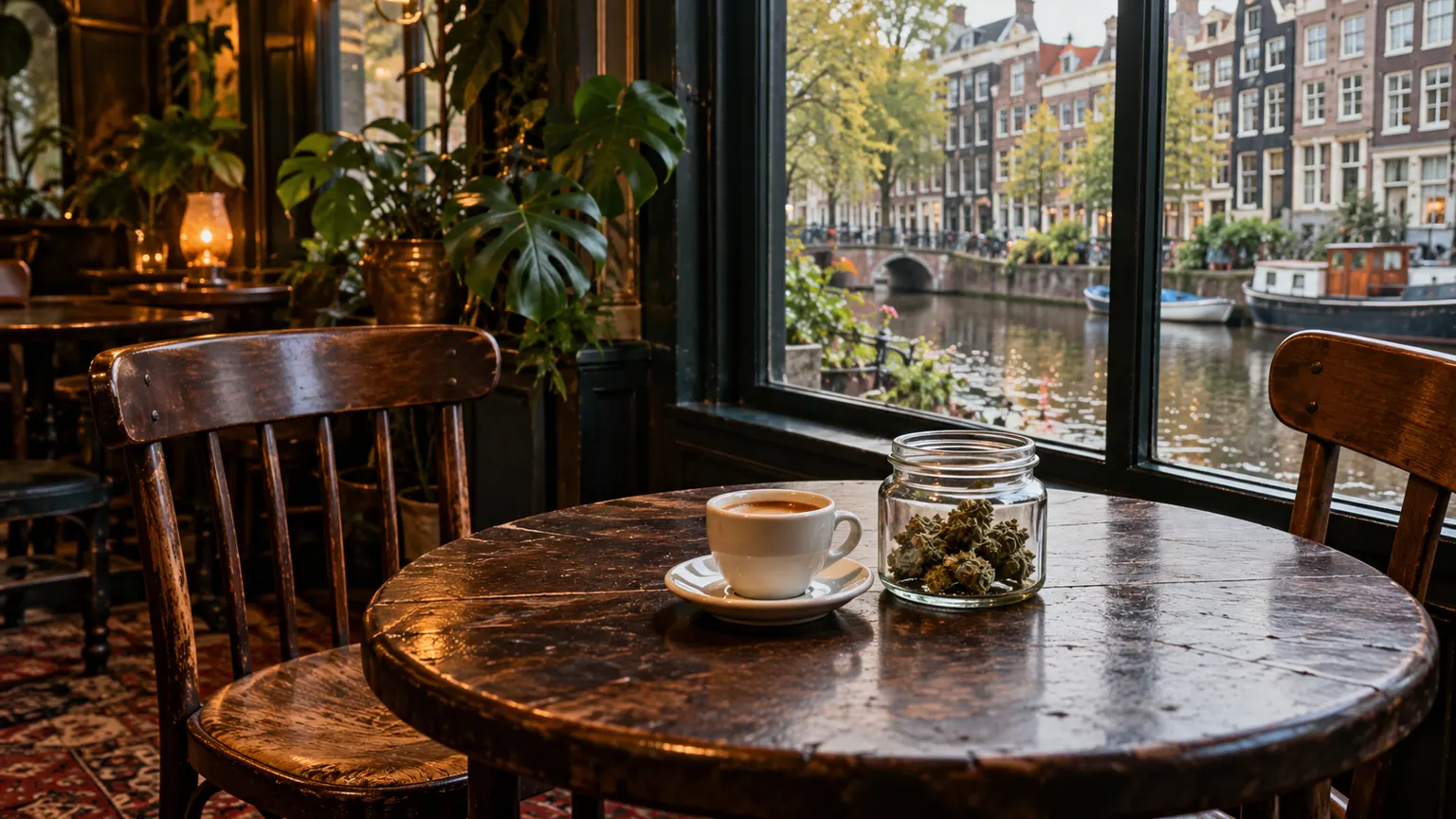 An espresso cup and plain cannabis jar sit beside a canal-facing window in an Amsterdam coffeeshop.