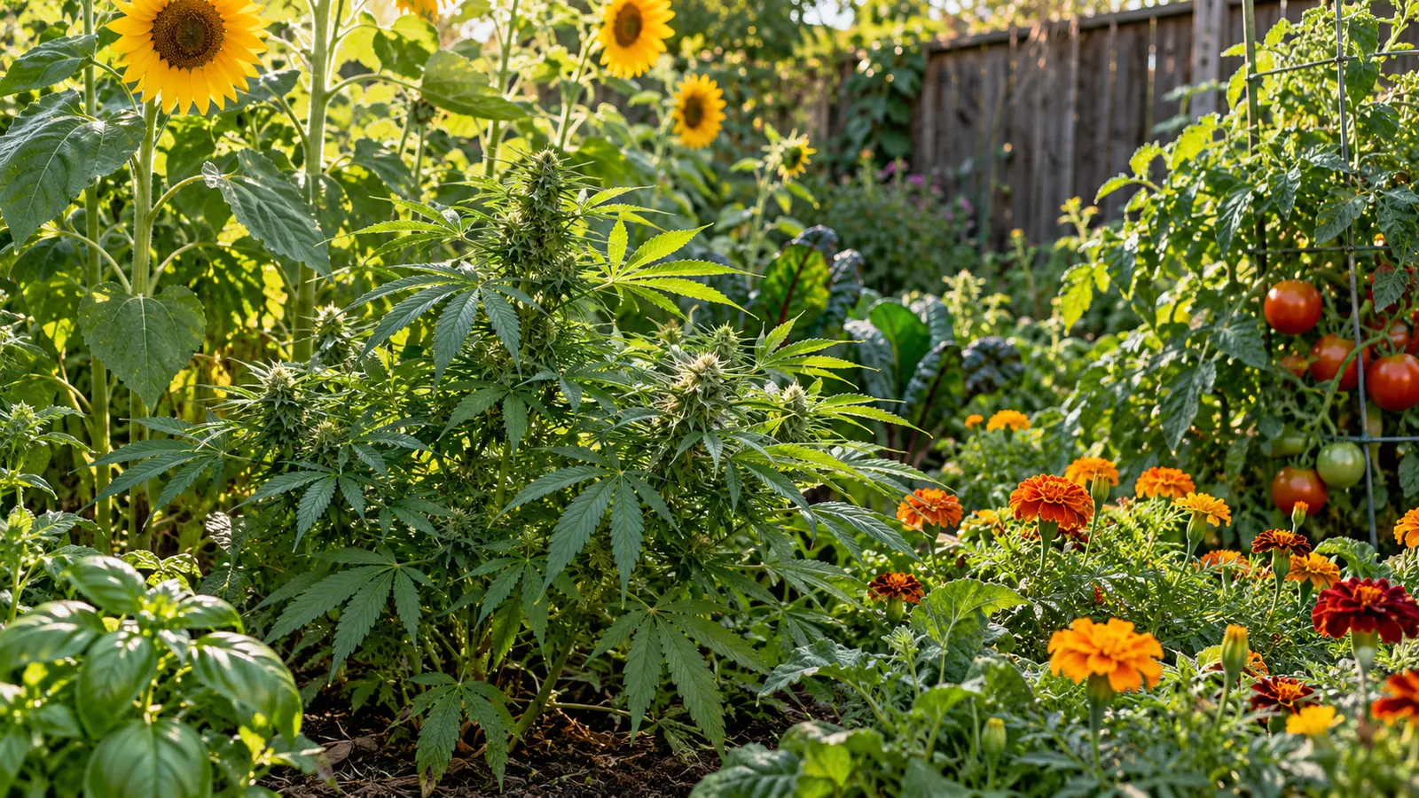 Una pianta di cannabis cresce tra girasoli, pomodori e calendule in un giardino privato.