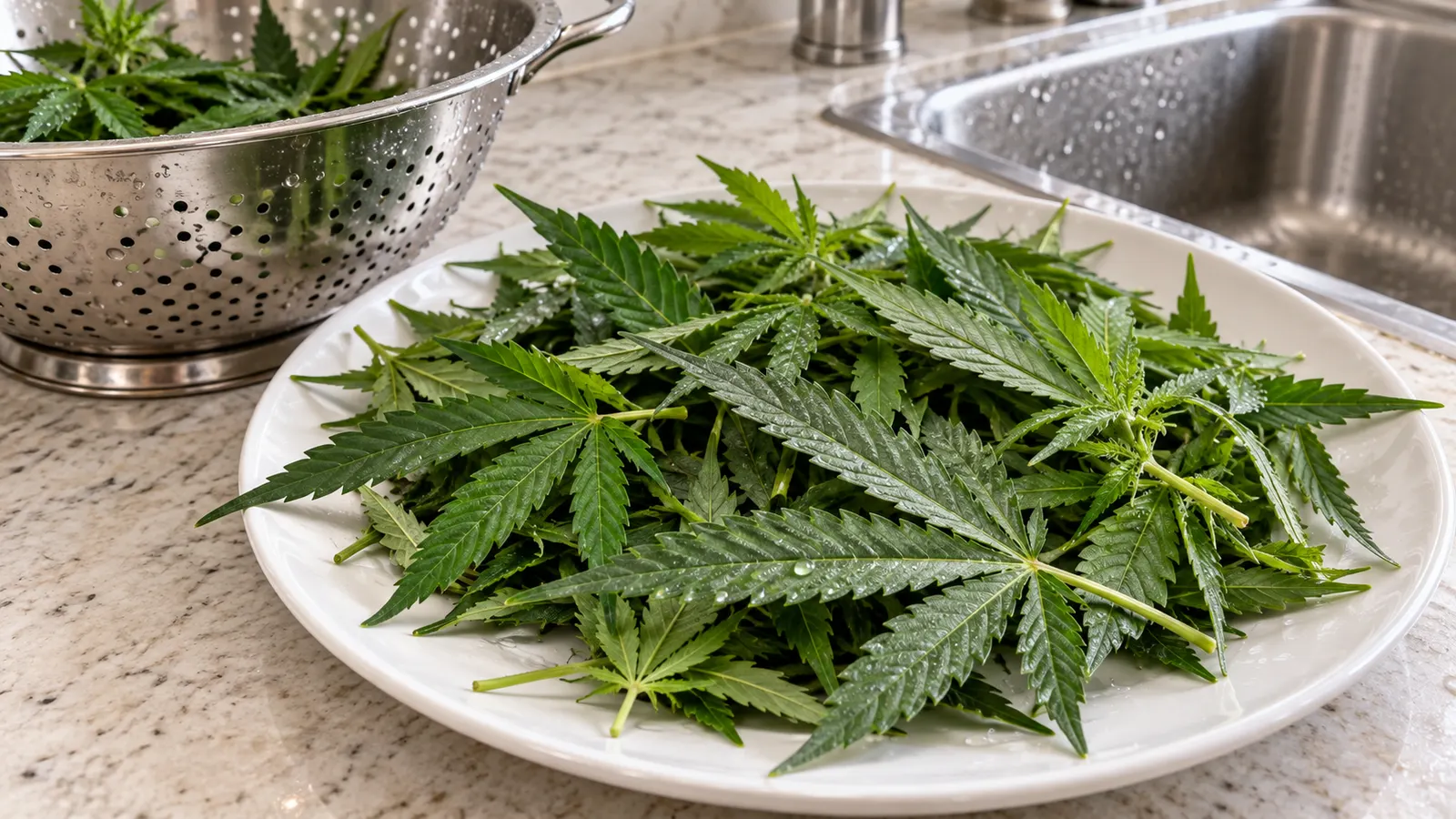 Friske cannabisblade med vanddråber hviler på en hvid tallerken ved siden af et dørslag.