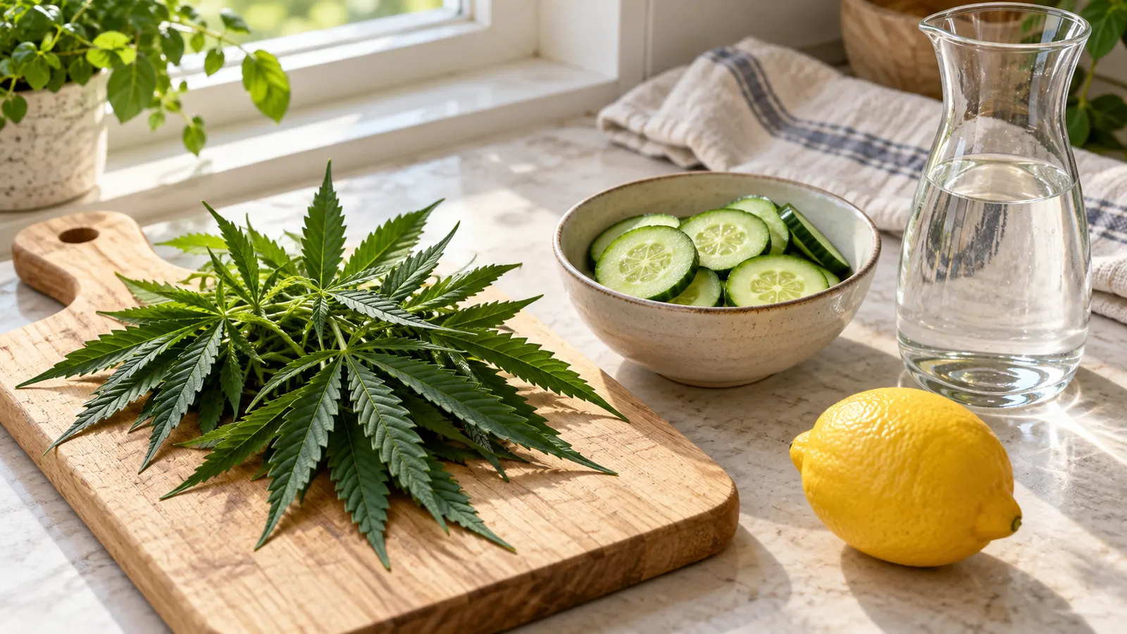 Friske cannabisblade ligger på et skærebræt ved siden af agurk, citron og en karaffel vand.