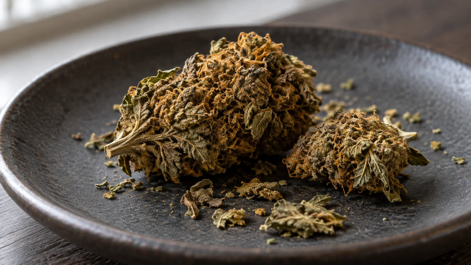 En tør cannabisblomst og sprøde krummer ligger på en mørk keramikskål.