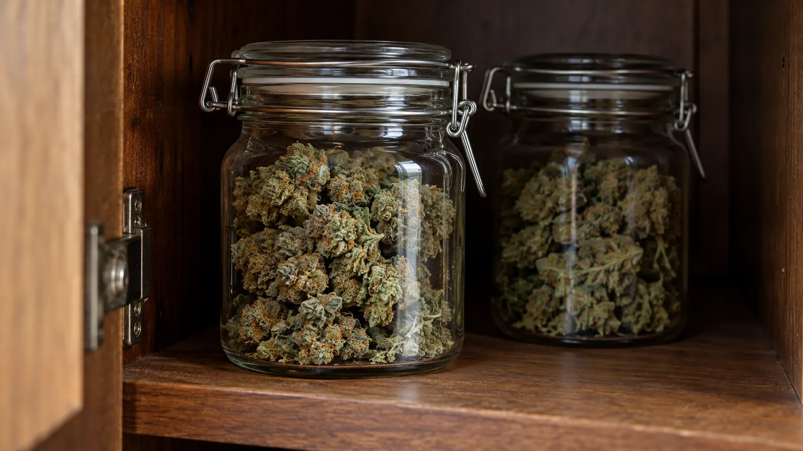 Hærdede cannabisblomster opbevares i forseglede glasbeholdere i et skyggefuldt træskab.