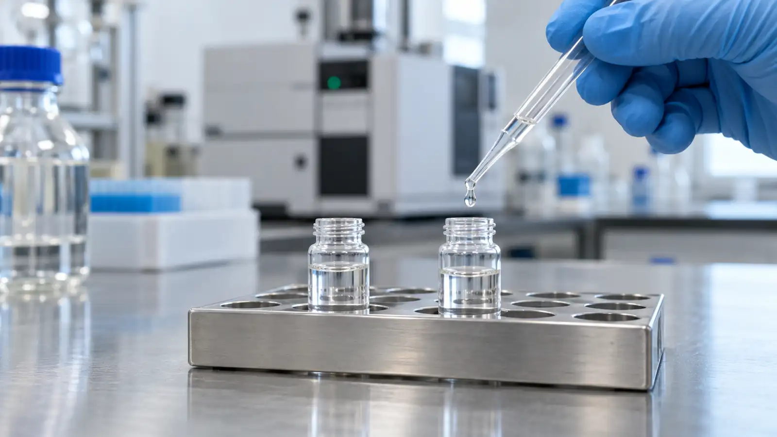 A gloved hand holds a glass pipette above sample vials on a laboratory bench.