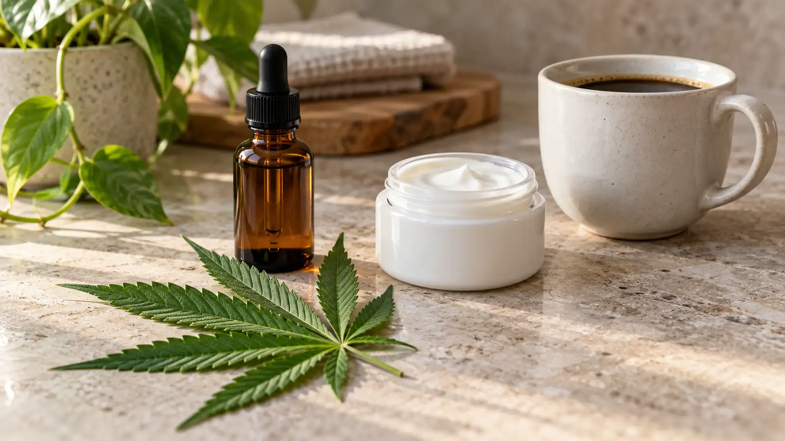 An unmarked dropper bottle, cream jar, and coffee cup sit beside a cannabis leaf.