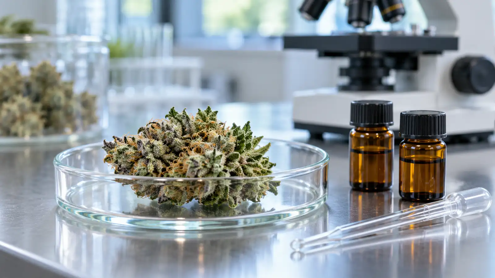 A cannabis flower, pipette, and sample vials sit on a laboratory bench in front of a blurred microscope.
