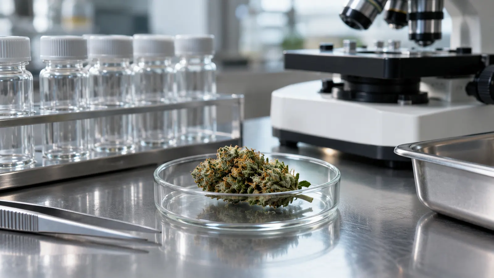 Un campione di fiore di cannabis accanto a fiale senza etichetta su un banco di laboratorio.