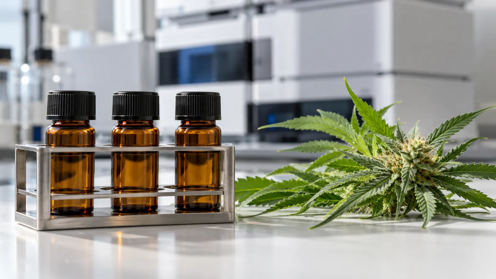Tre fiale campione ambrate senza etichetta accanto a un rametto di cannabis in un laboratorio.