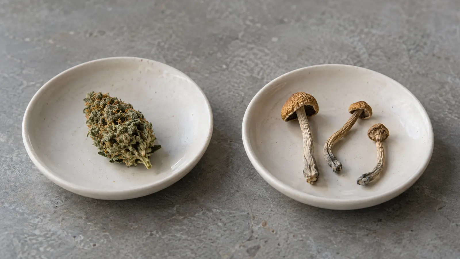 Une fleur de cannabis séchée et de petits champignons séchés reposent sur des coupelles en céramique simples séparées.