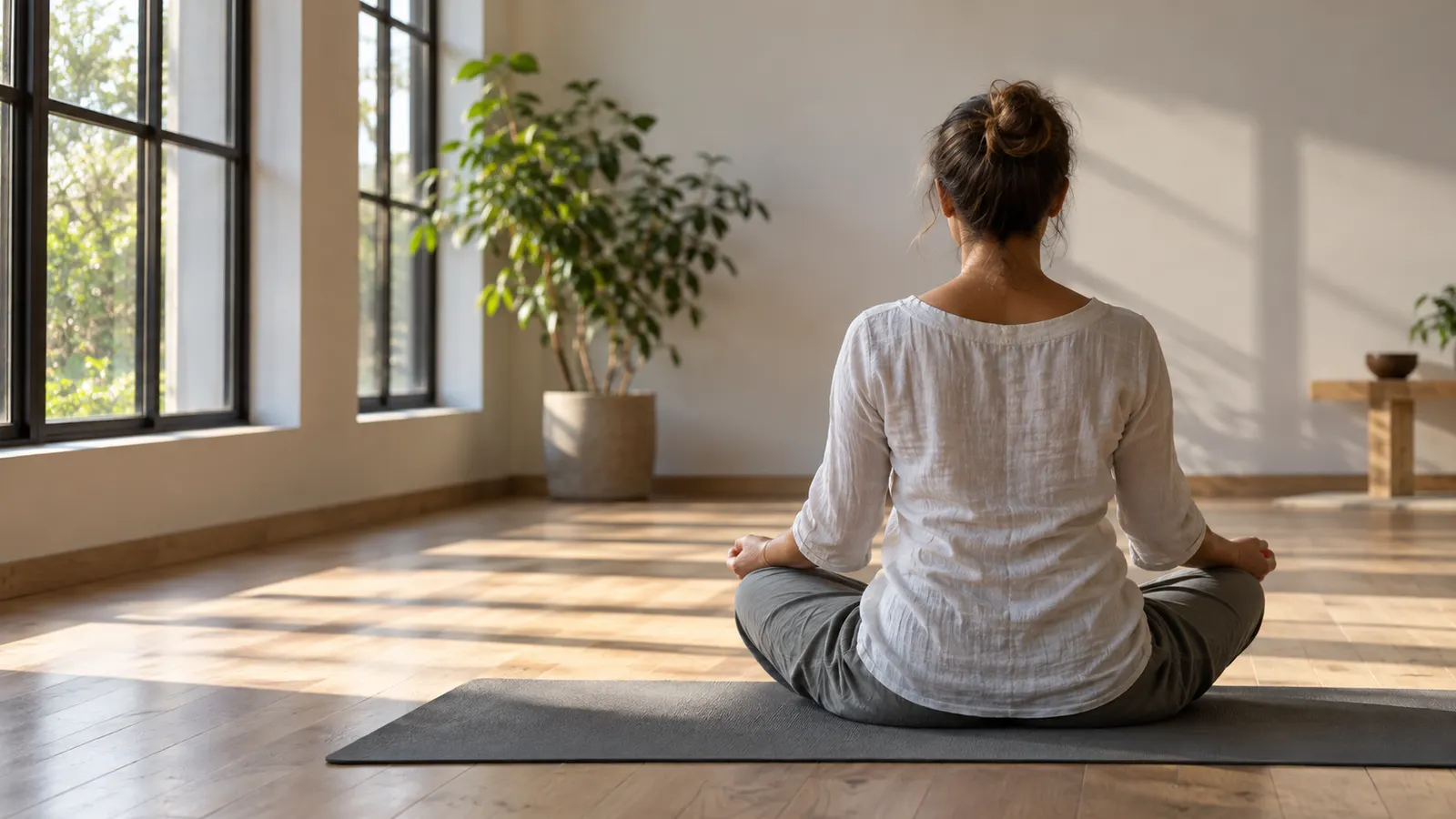 En voksen sidder med krydsede ben på en yogamåtte i et yogastudie med blød belysning, set bagfra.