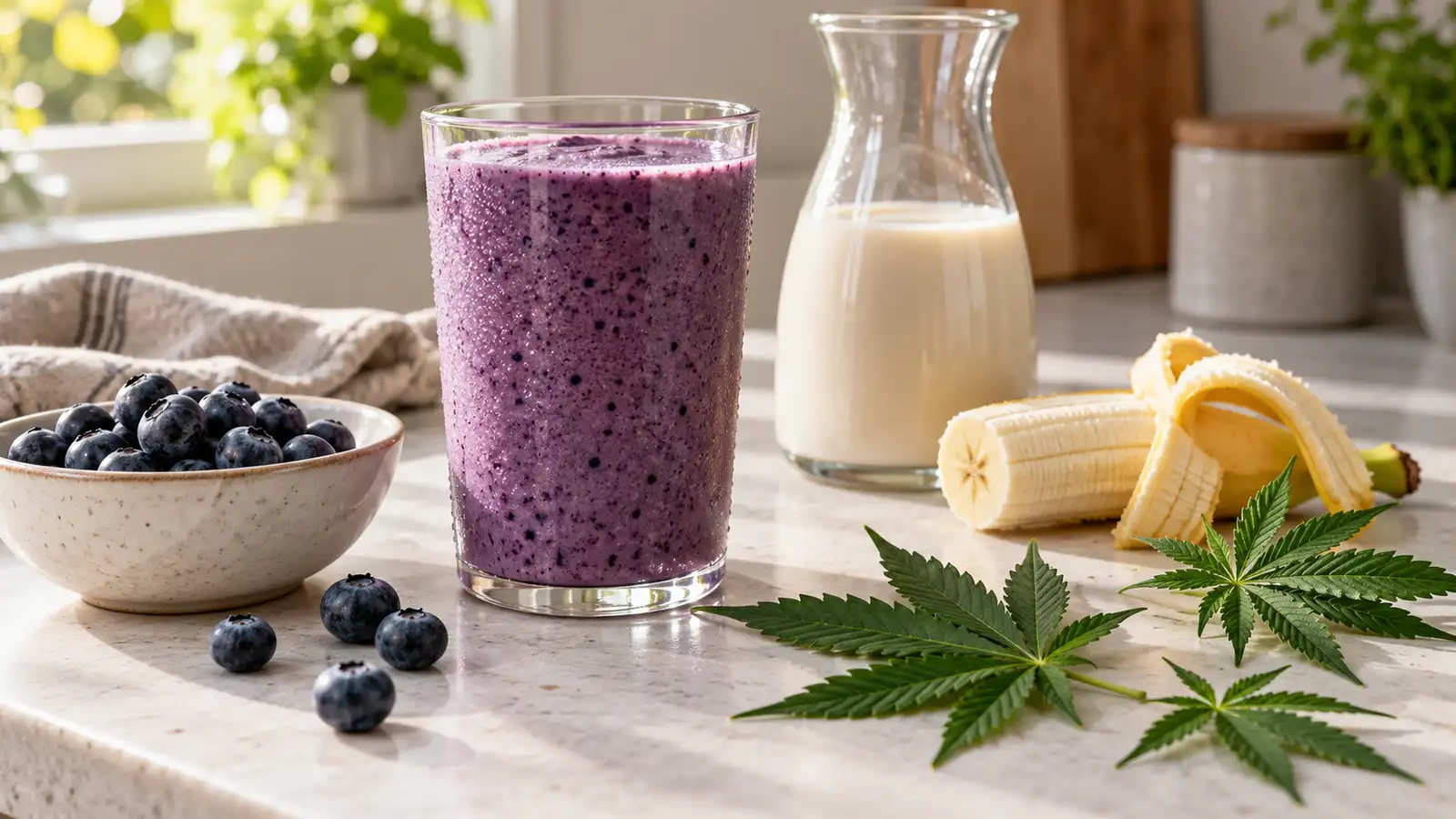 A purple blueberry smoothie stands beside blueberries, banana, oat milk, and fresh cannabis leaves.