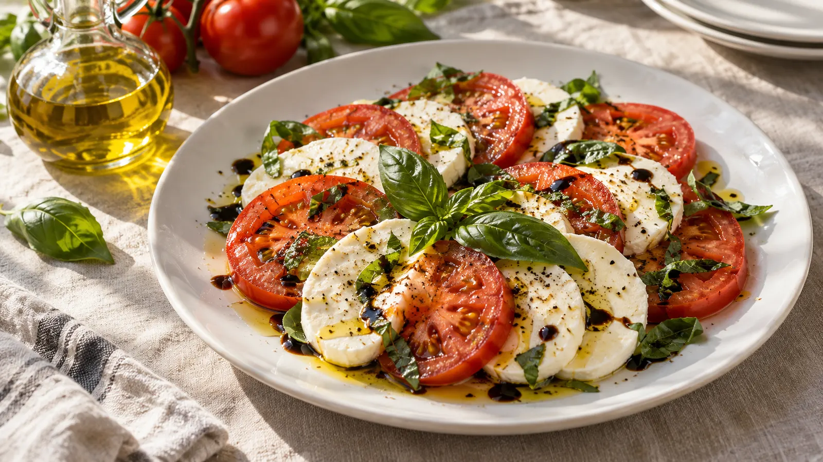 Skiver af tomat, mozzarella og basilikum udgør en capresesalat med olie og balsamico.