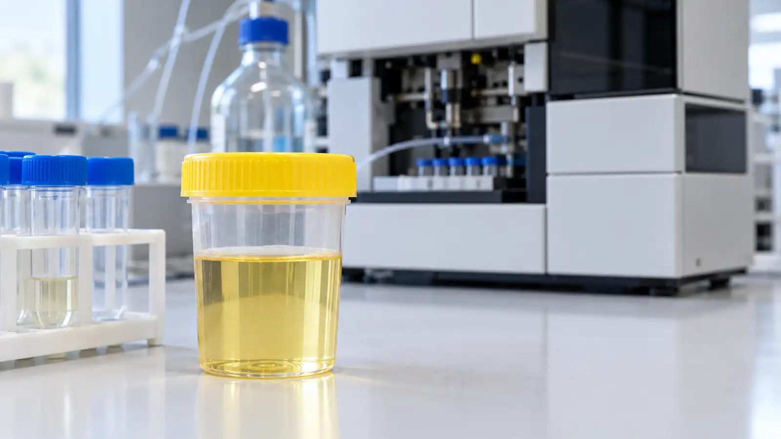 A sealed urine sample cup and capped tube sit on a clean laboratory bench.