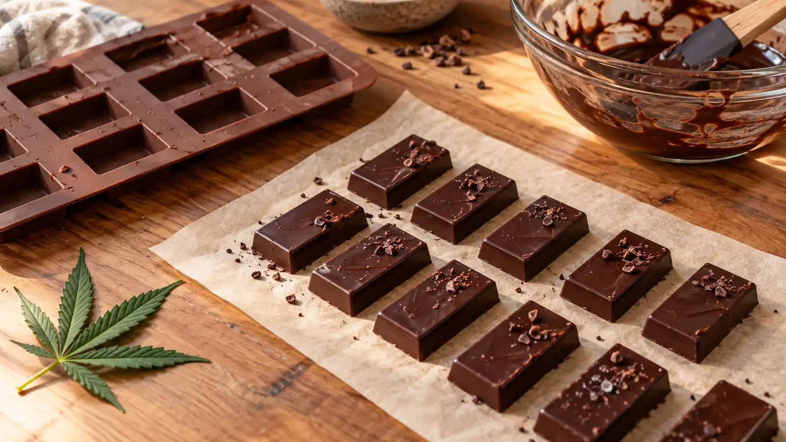 Dark chocolate pieces cool beside a chocolate mold, mixing bowl, and cannabis leaf on a kitchen counter.