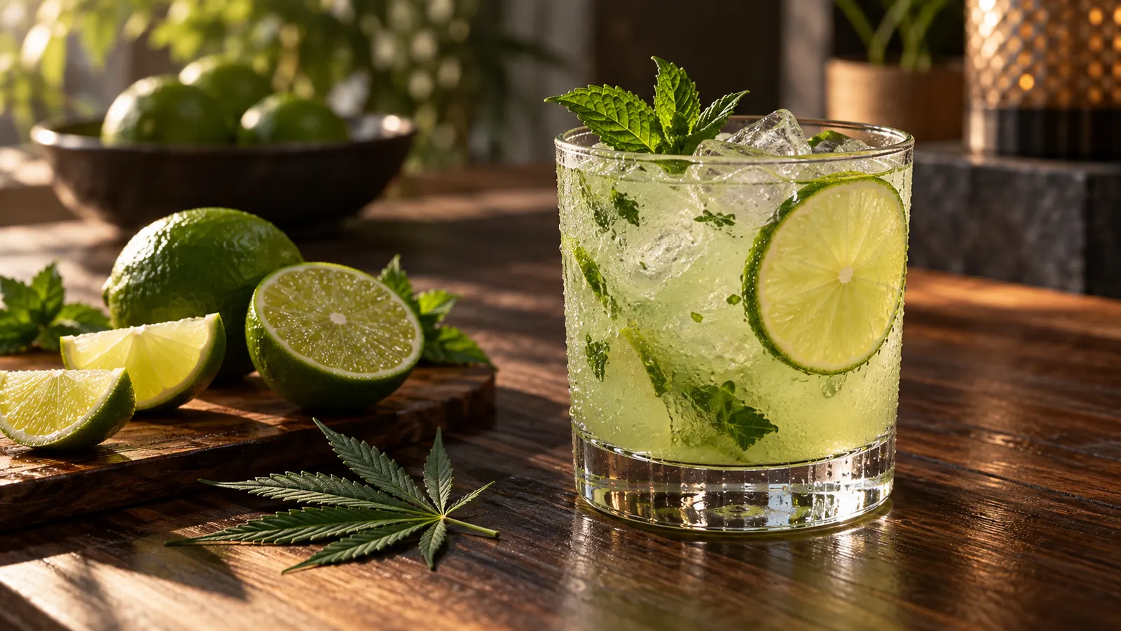 En lime-mocktail med is och mynta står bredvid skivad lime och ett cannabisblad på en trädisk.