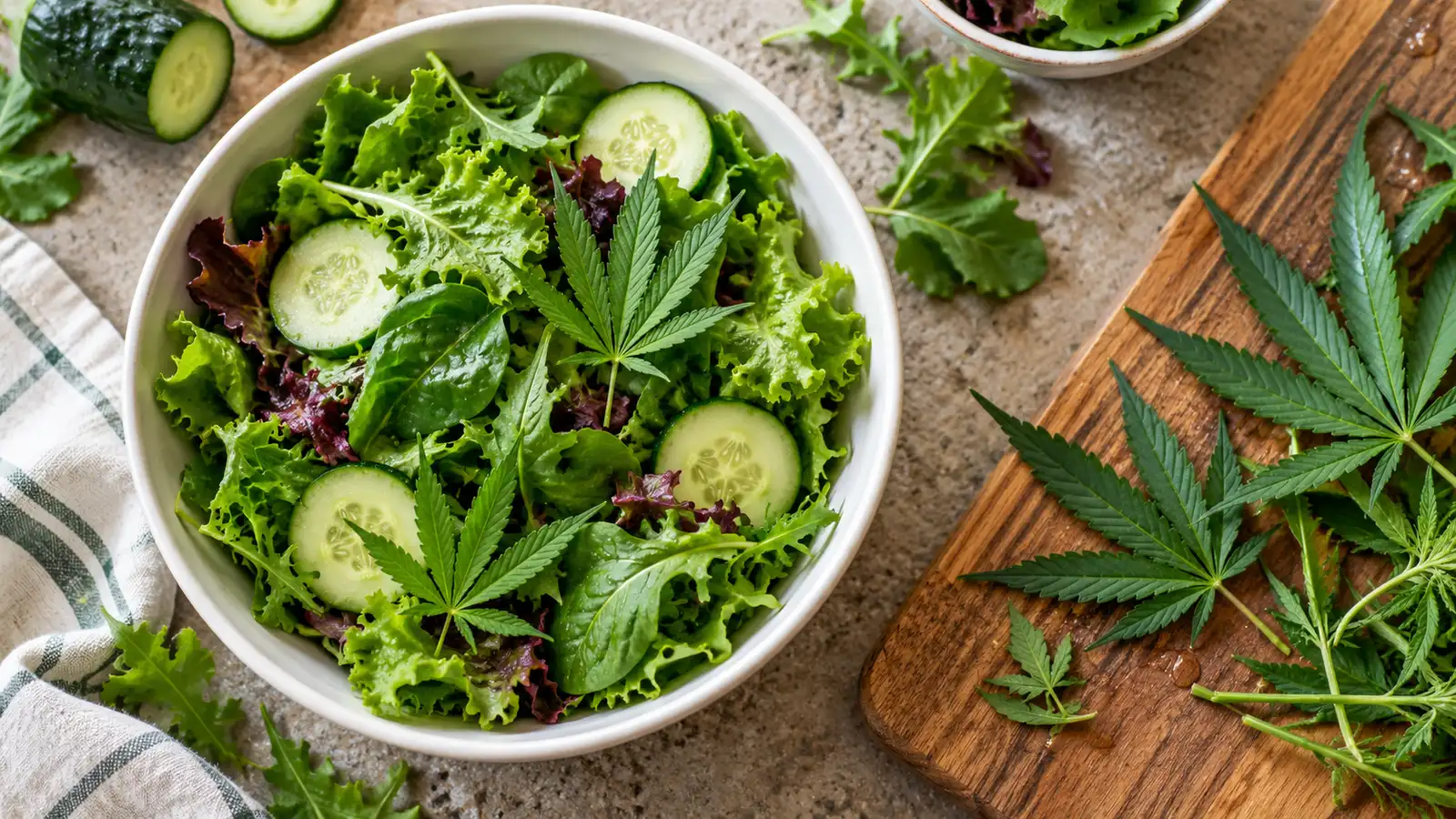 A leafy salad with cucumber and cannabis leaves sits beside additional fresh leaves on a wooden board.