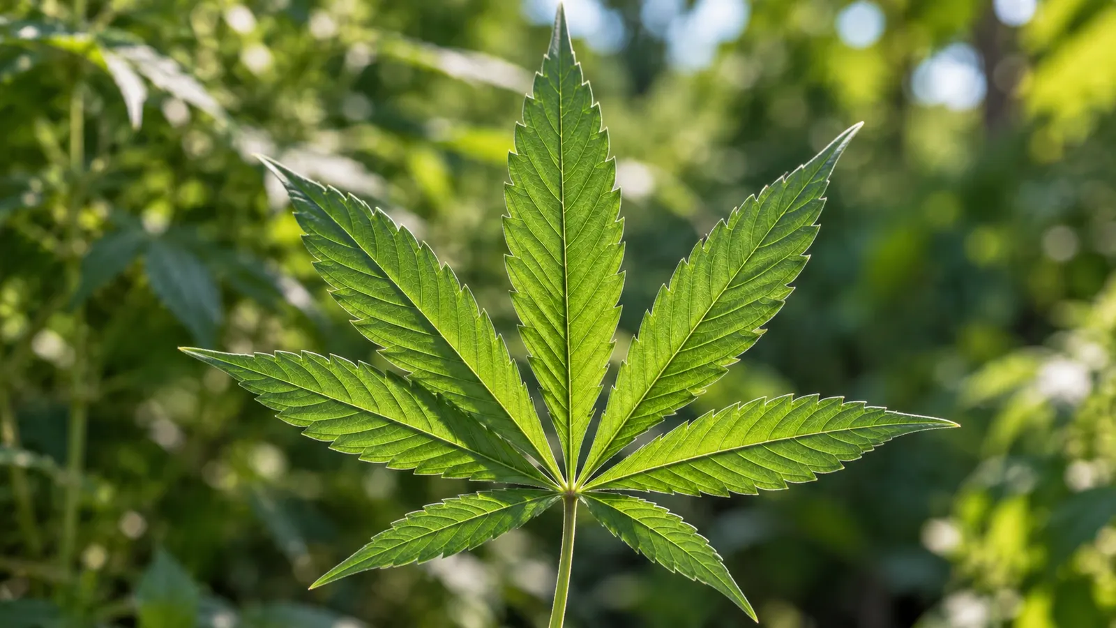 Ett cannabisblad med sju flikar visar sina sågtandade kanter och förgrenade nerver.