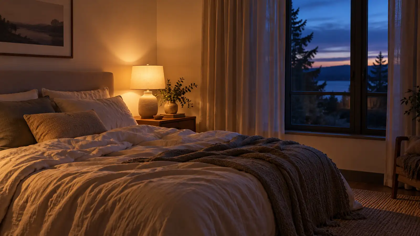 Warm lamplight falls across rumpled linen bedding in an empty bedroom at dusk.