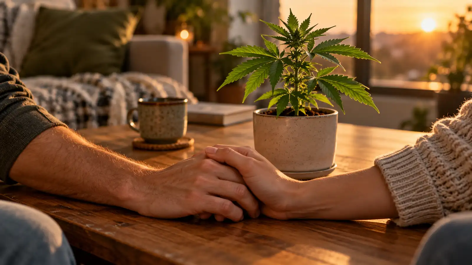 Two adult hands rest together beside a small potted cannabis plant.