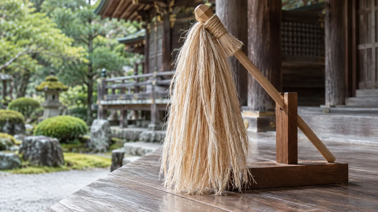 Des fibres de chanvre non teintées pendent à une baguette rituelle en bois sur la véranda d'un sanctuaire japonais paisible.