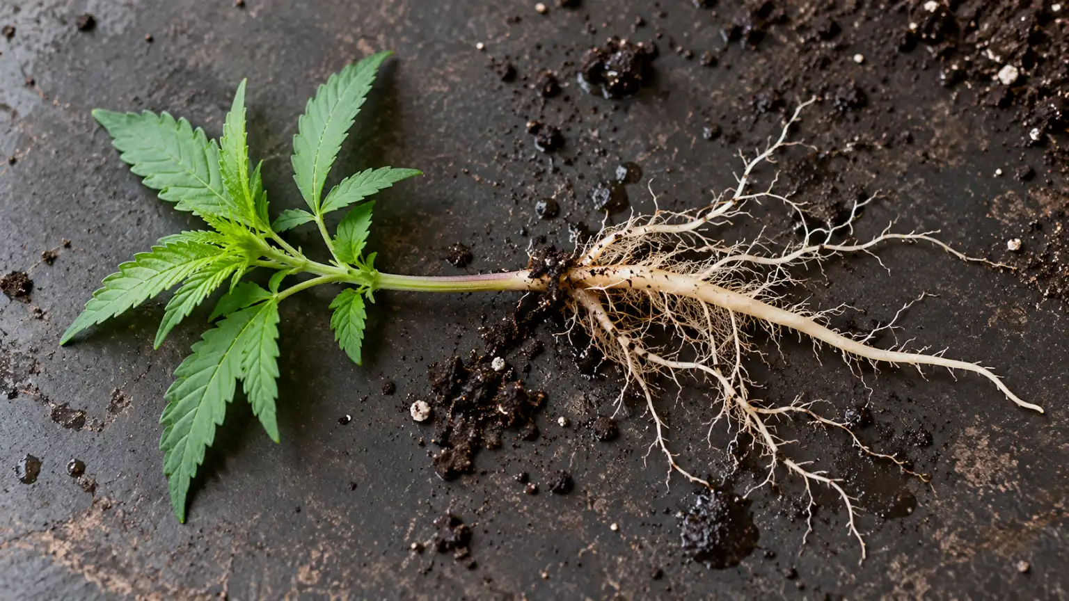 A young cannabis seedling lies on a potting bench with its branching roots exposed.