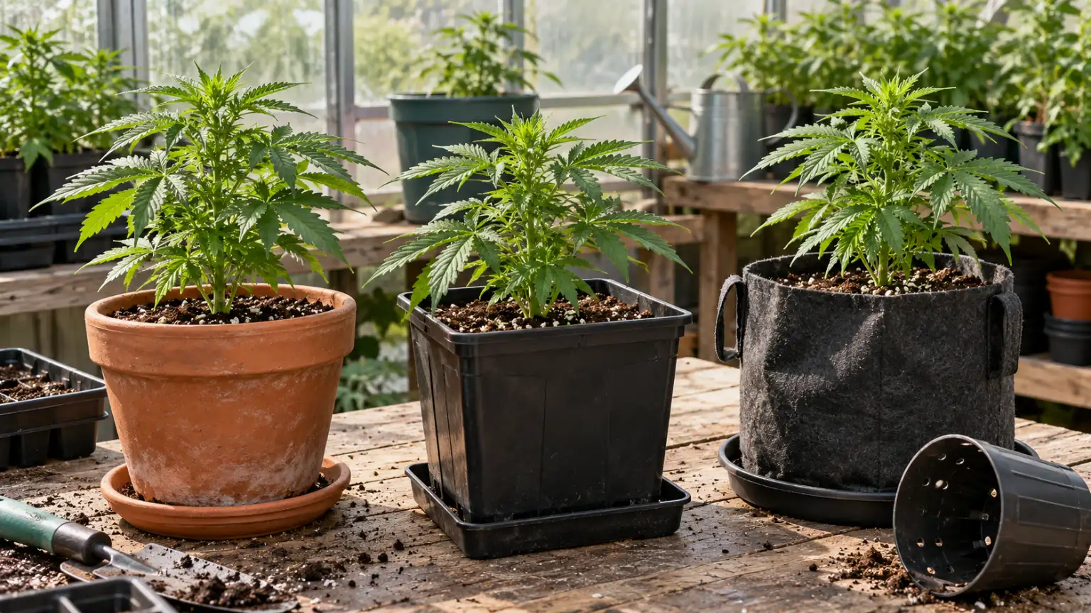 Cannabis plants grow in terracotta, plastic, and fabric containers on a greenhouse bench.