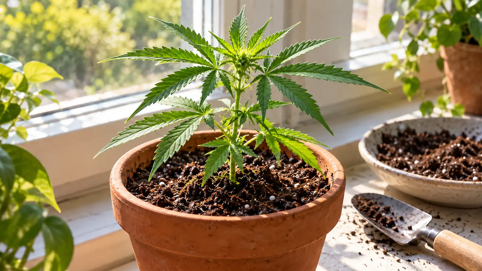 A young cannabis sativa plant grows in a terracotta pot on a sunny windowsill.