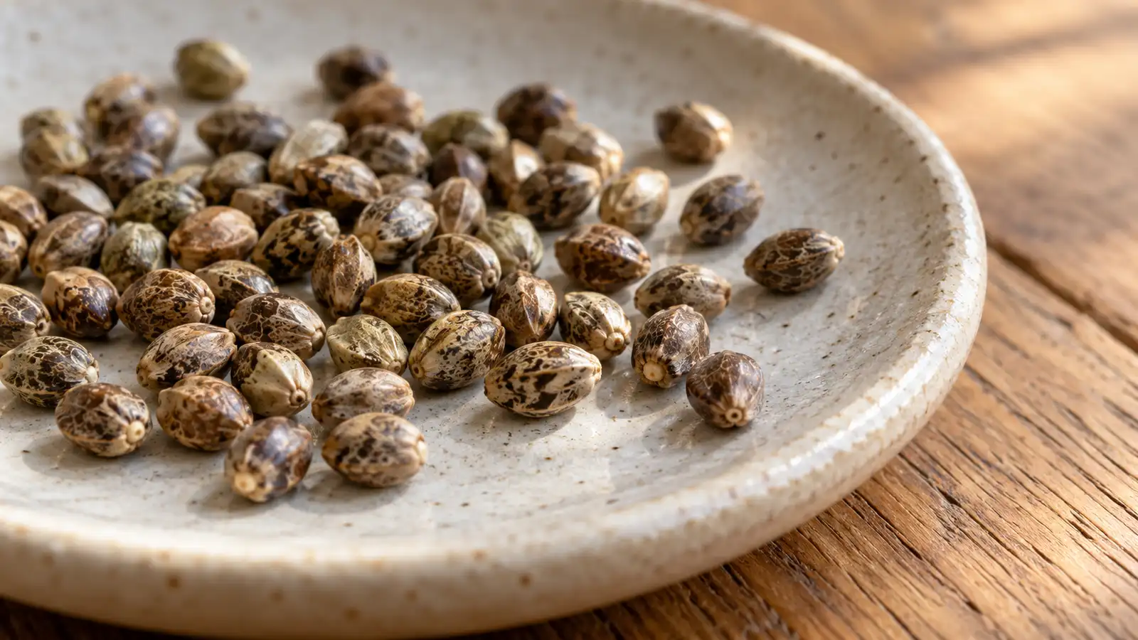 Mottled brown cannabis seeds lie on a plain ceramic saucer.