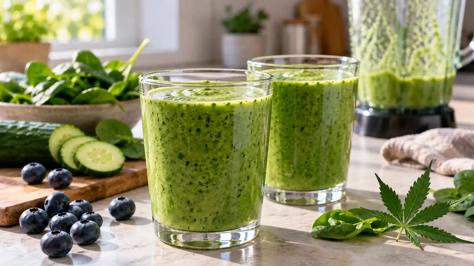 Two glasses of green smoothie sit beside blueberries, cucumber, spinach and a fresh cannabis leaf.