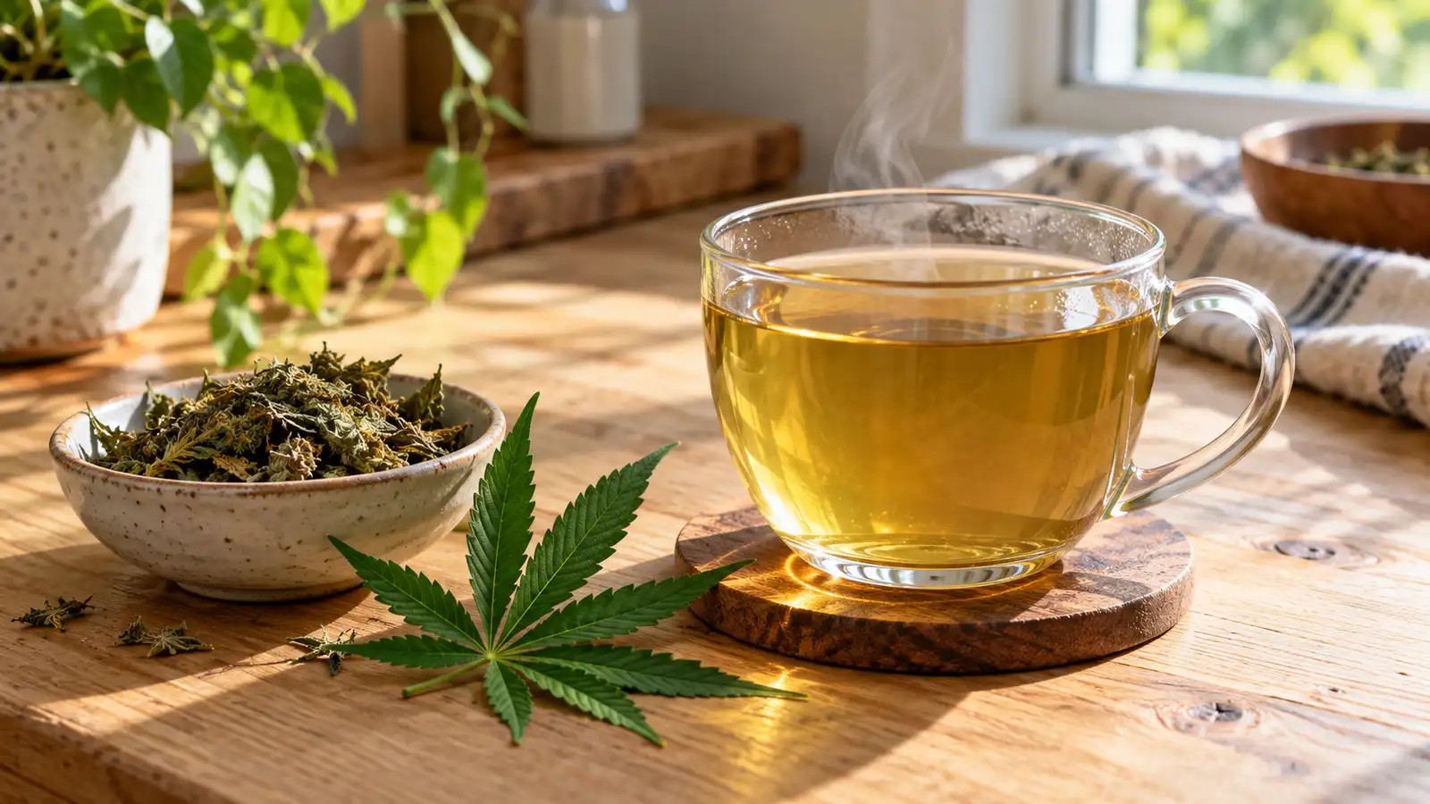 Kuva lasikupista meripihkanvärisen teen kanssa, vieressä kuivattuja kannabislehtiä puupöydällä.