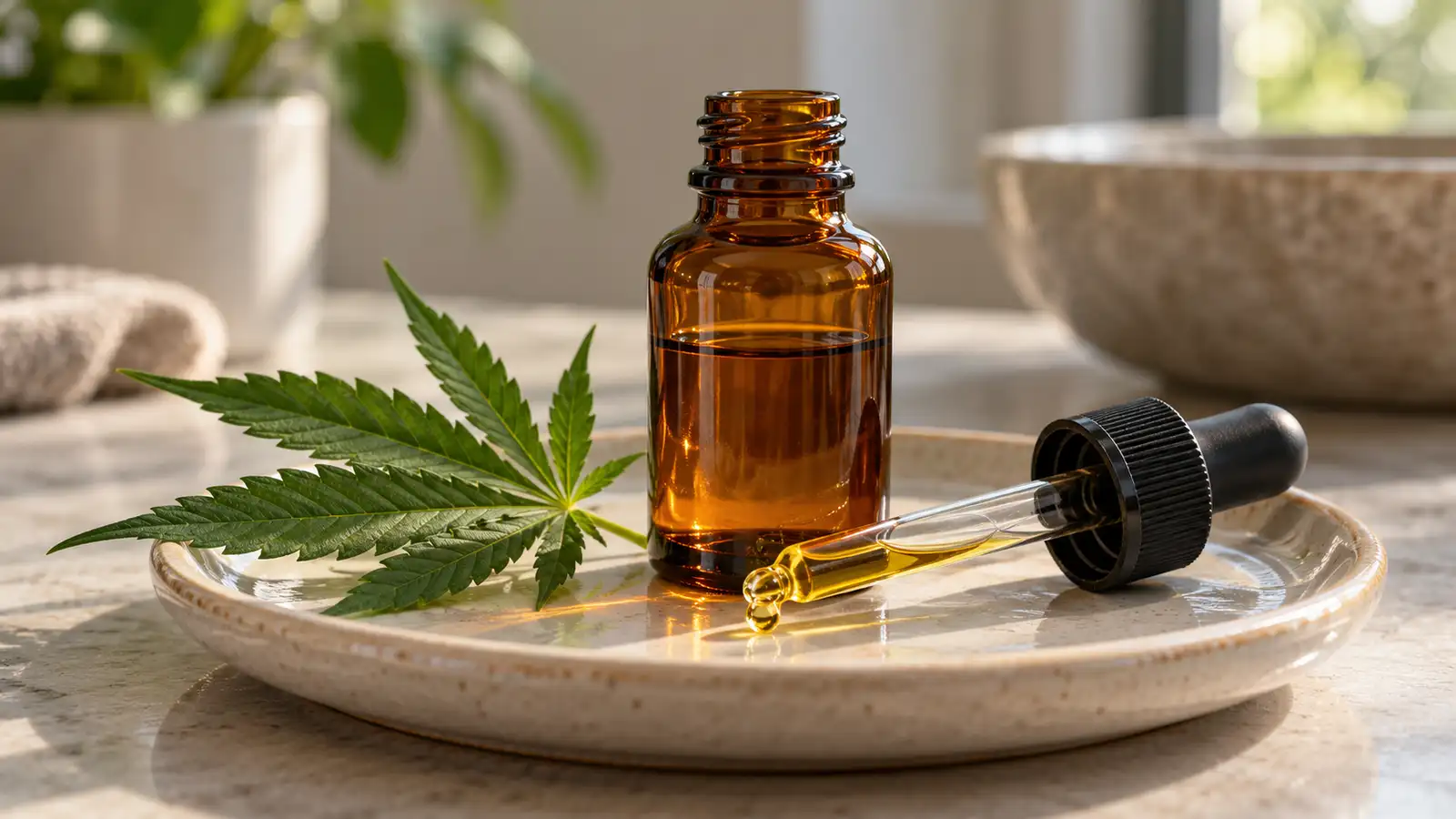 An amber tincture bottle and glass eyedropper rest on a saucer beside a cannabis leaf.