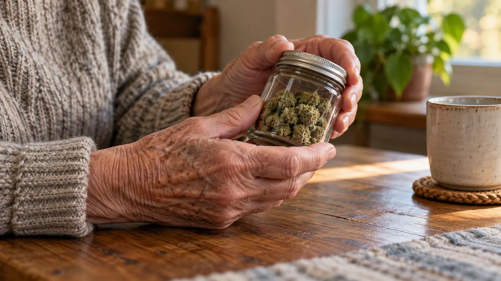 Hænderne på en ældre voksen holder et lukket glas med tørrede cannabisblomster.