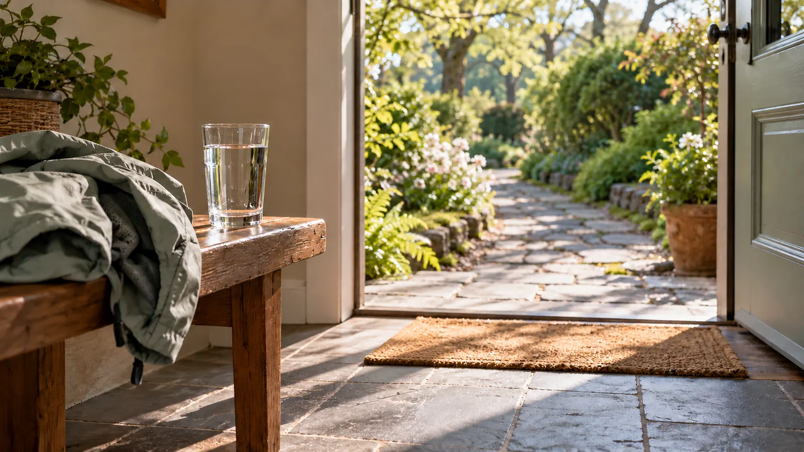 Un bicchiere d'acqua e una giacca poggiano su una panchina di legno accanto a una porta aperta su un giardino.