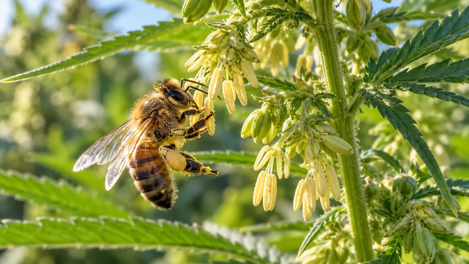 En honungsbi samlar pollen från de manliga blommorna på en cannabisplanta.