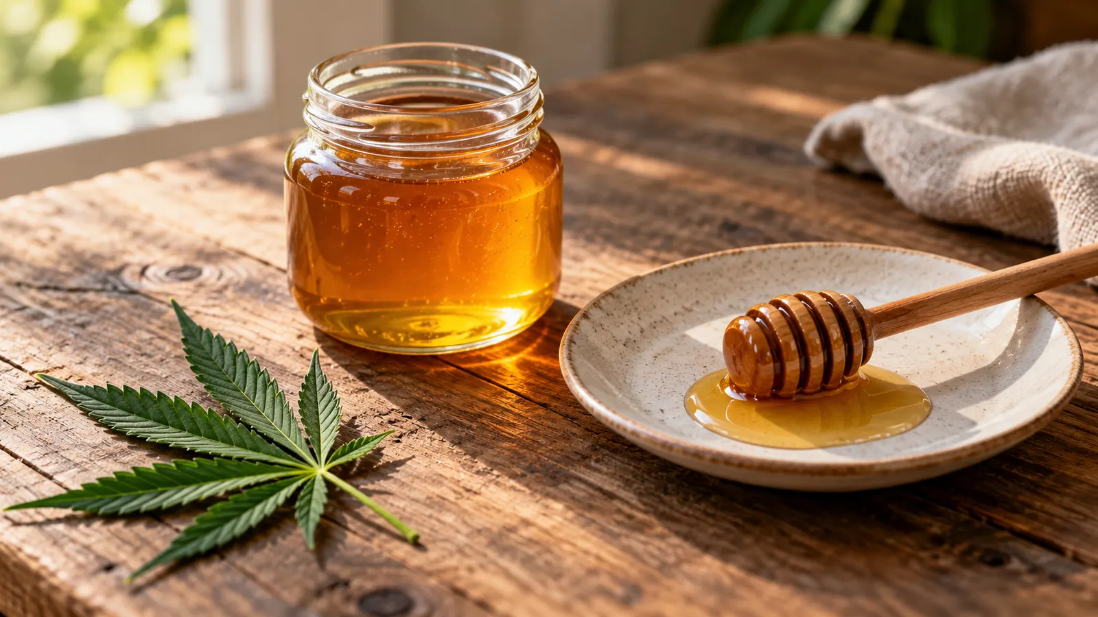 Bärnstensfärgad honung och en honungsslev av trä ligger bredvid ett färskt cannabisblad.