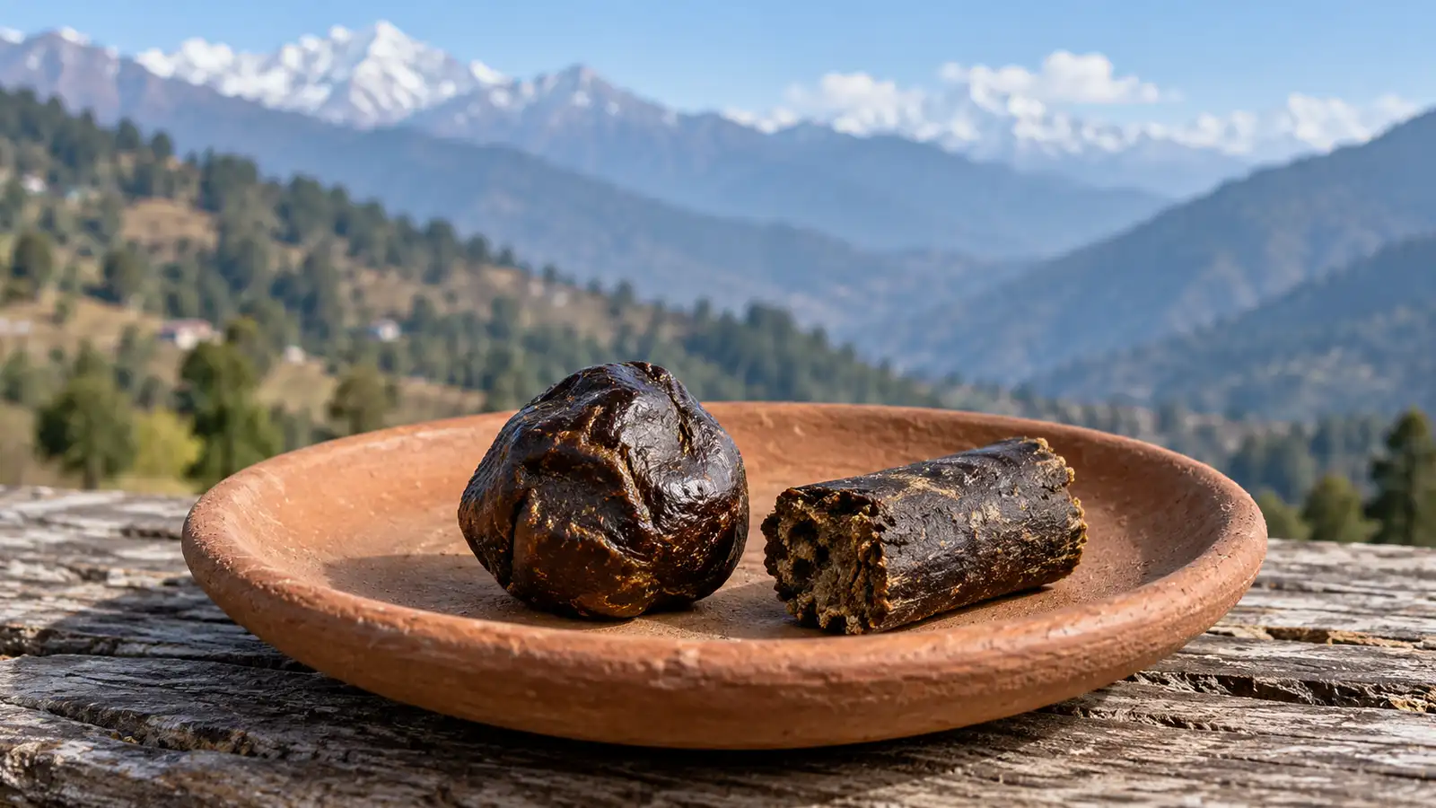 A dark resin ball and a short piece of charas sit in a terracotta dish with hills beyond.