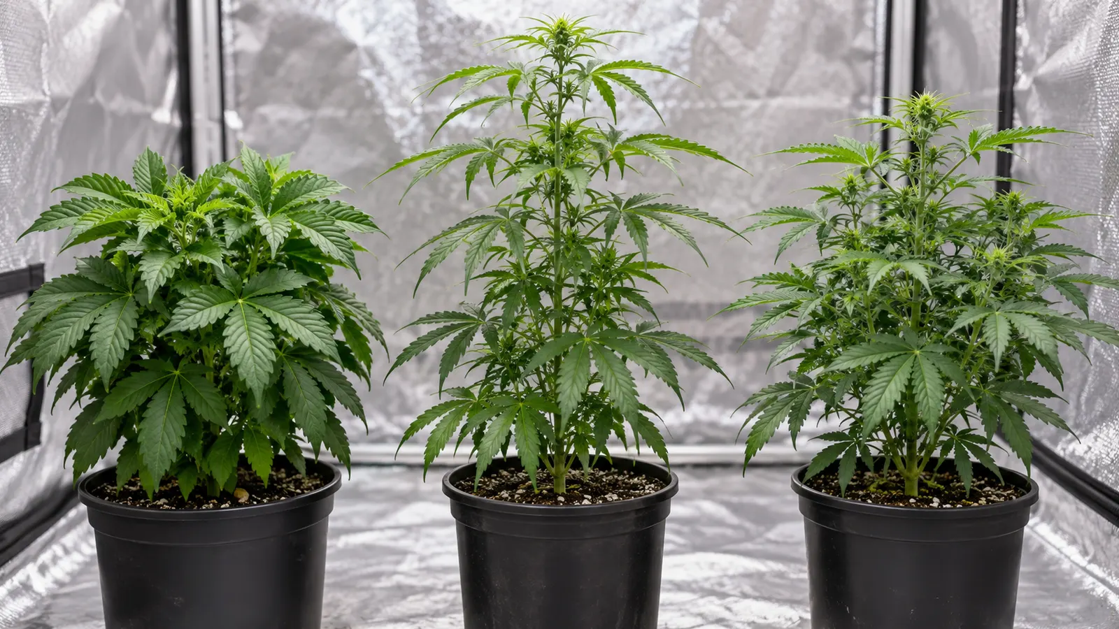 Tre cannabisplanter med forskellig højde og bladform står i enkle potter indendørs.