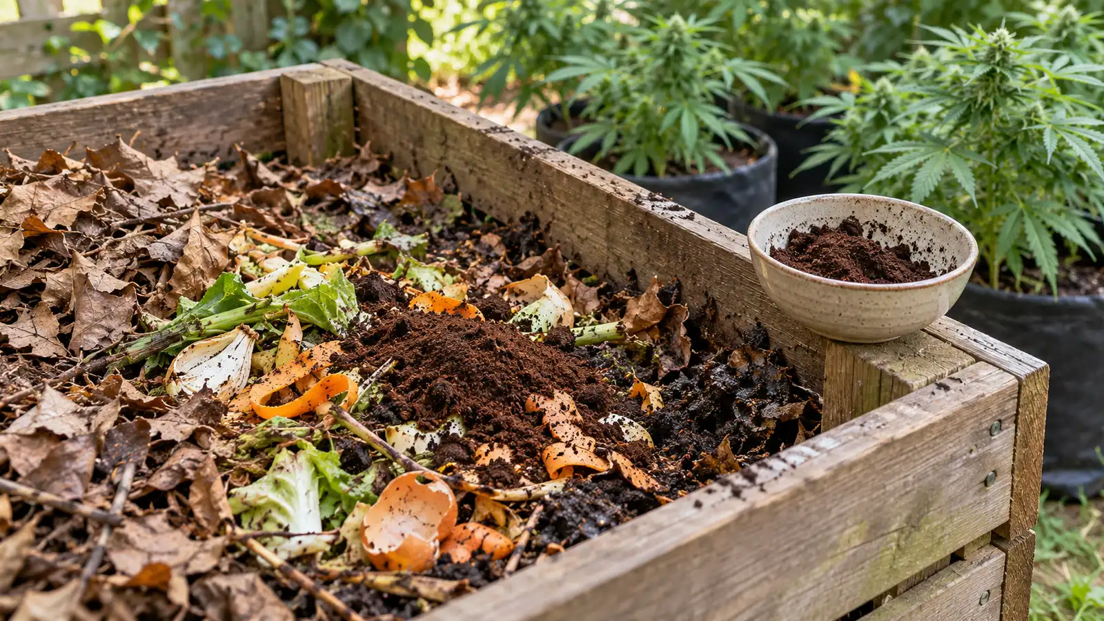 Used coffee grounds are scattered over leaves and vegetable scraps in a wooden compost bin.