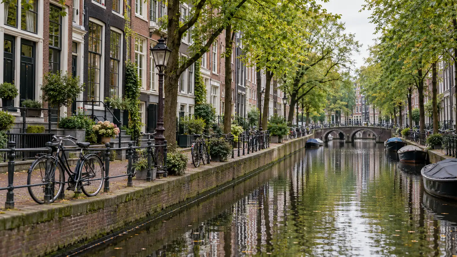 Tiilitalot ja pyörät parkissa reunustavat hiljaista Amsterdamin kanavaa lehtevien puiden alla.
