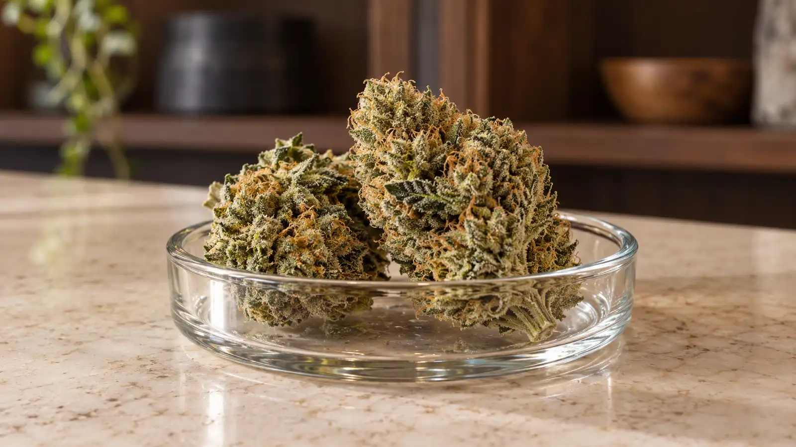 Dried cannabis flowers with copper pistils rest in a plain glass dish on a stone counter.