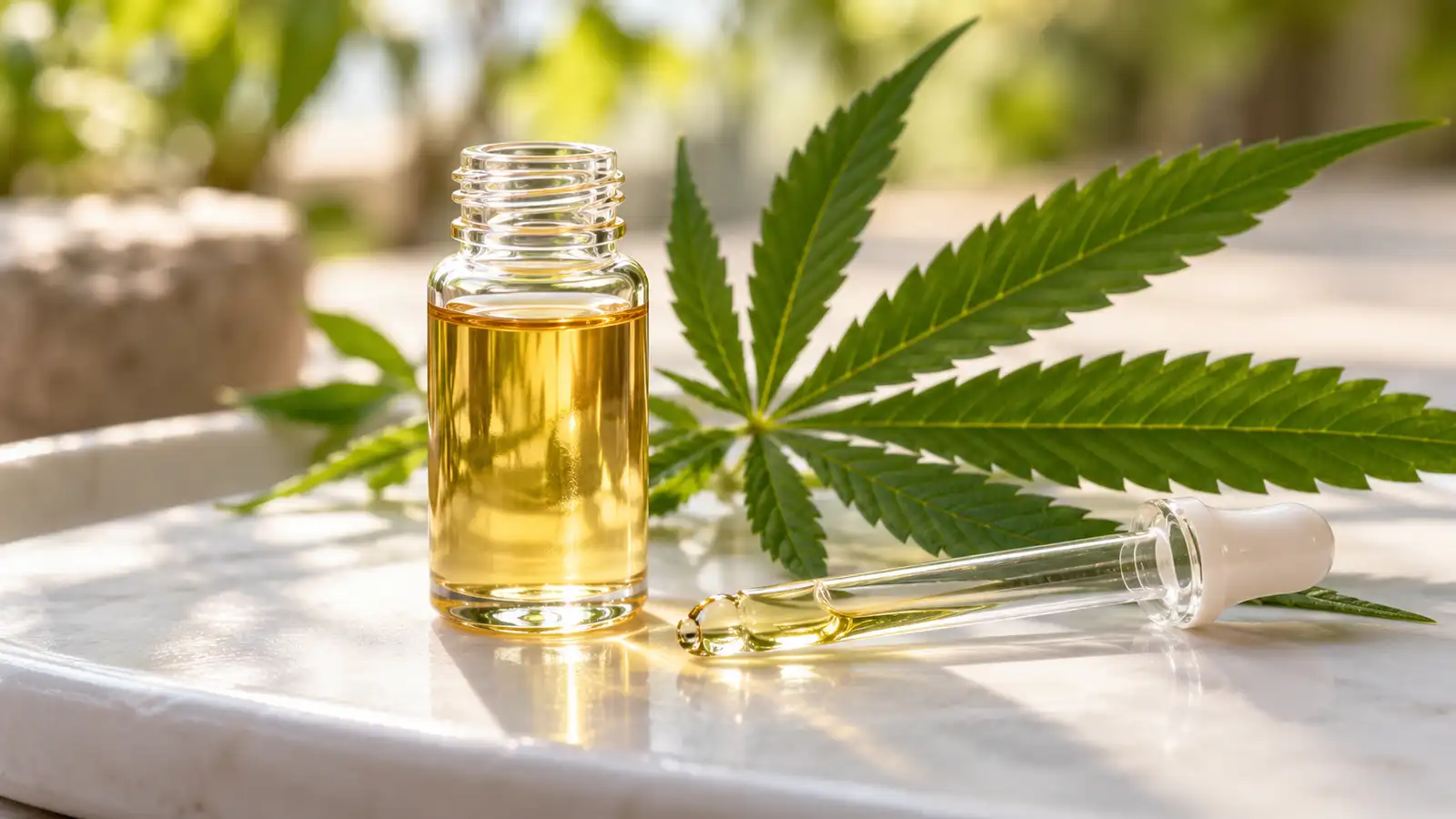 Pale golden oil in a clear glass vial sits beside a pipette and a green hemp leaf.