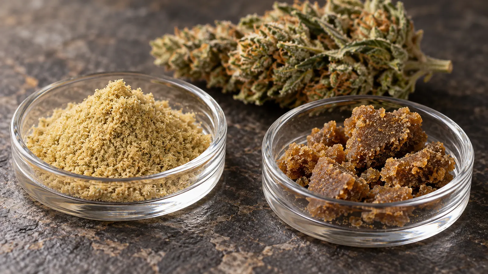 Piatti di vetro con kief dorato e bubble hash marrone su una superficie di pietra scura.