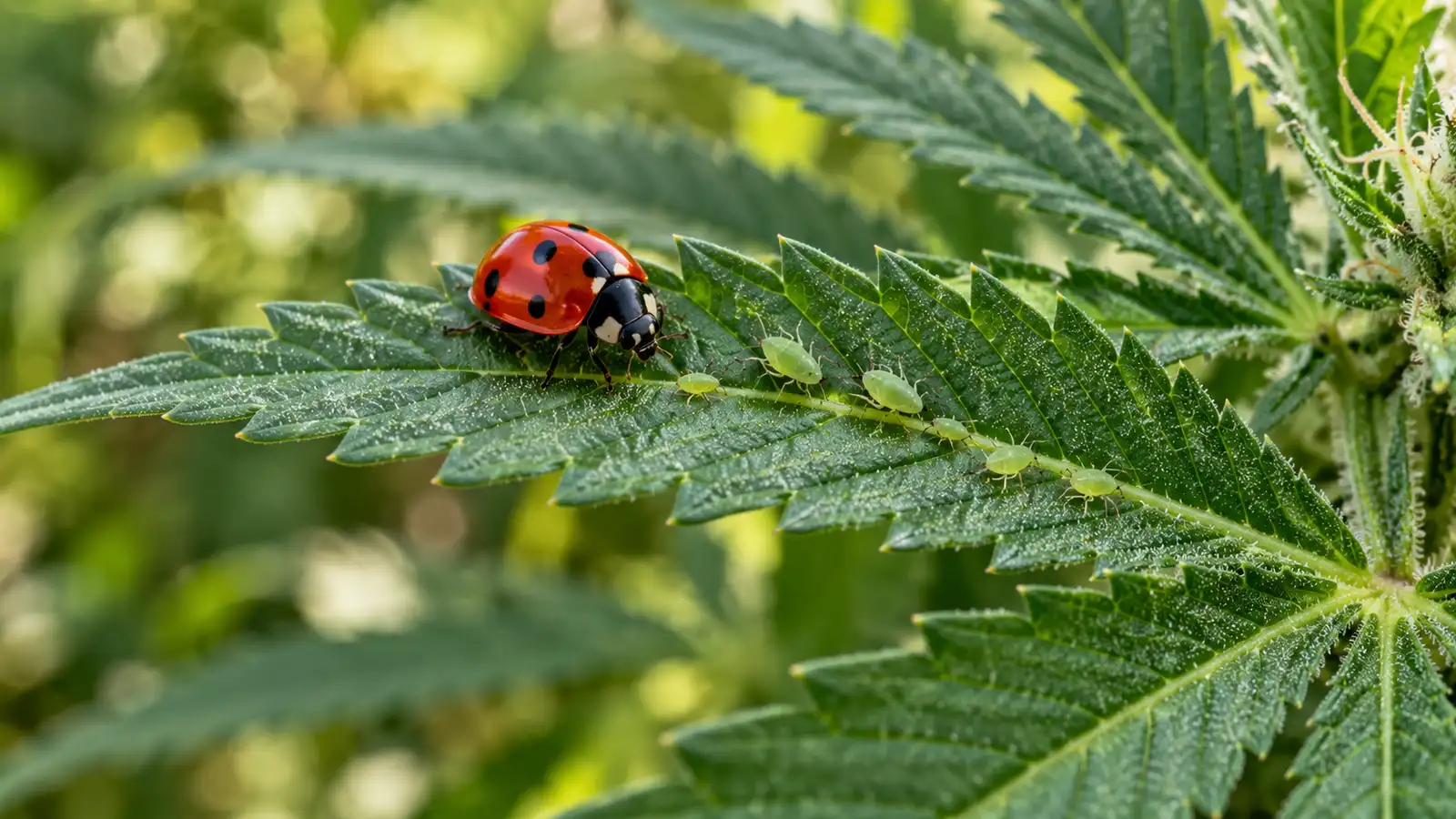 A red ladybug rests on a cannabis leaf near a cluster of small green aphids.