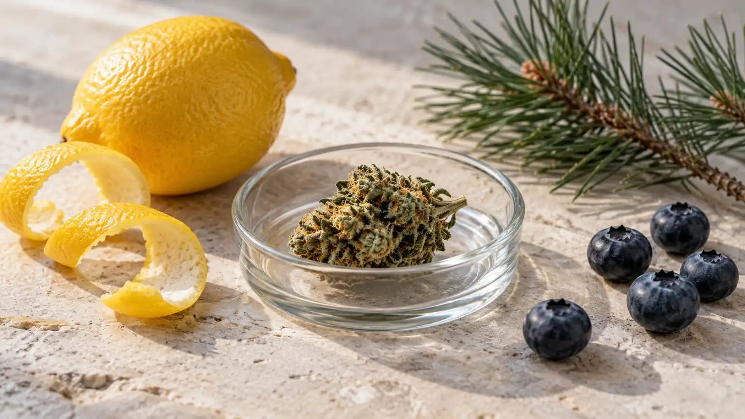 A cannabis flower next to a lemon, blueberries and a pine sprig, showing the citrus, berry and pine notes found in cannabis