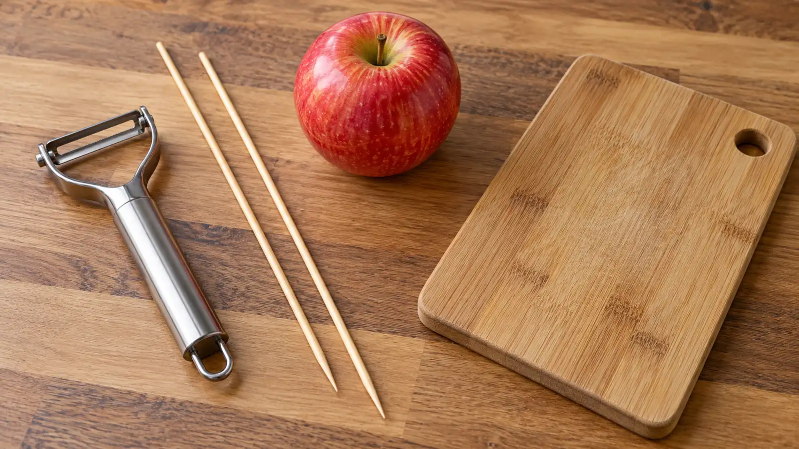 A potato peeler, bamboo skewers and a red apple are arranged beside a wooden cutting board.