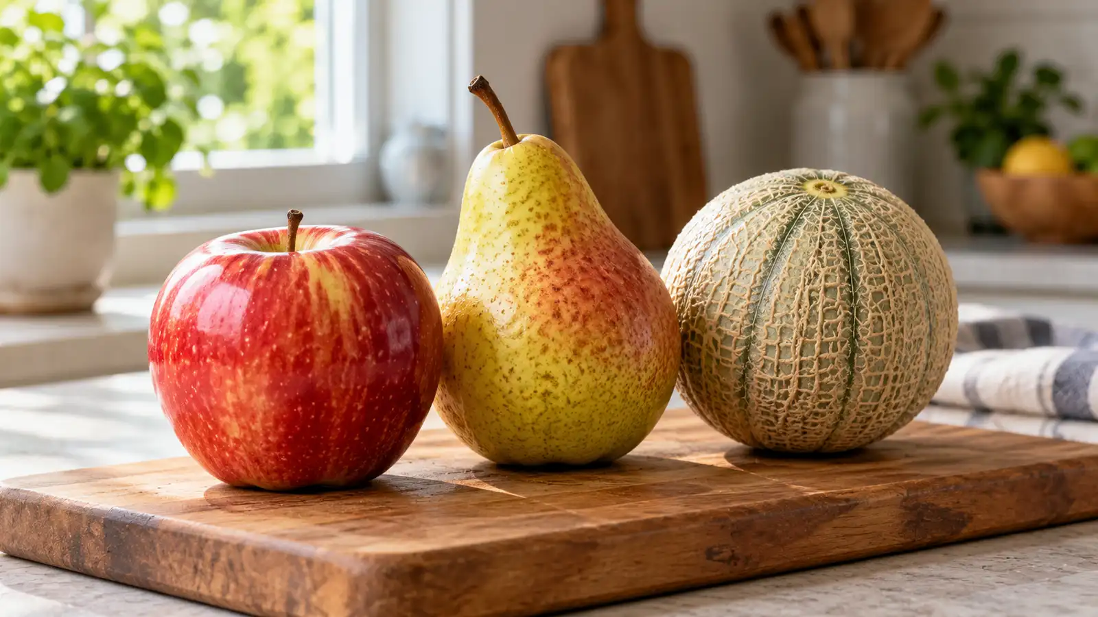 A red apple, a pear and a small melon rest on a wooden cutting board.