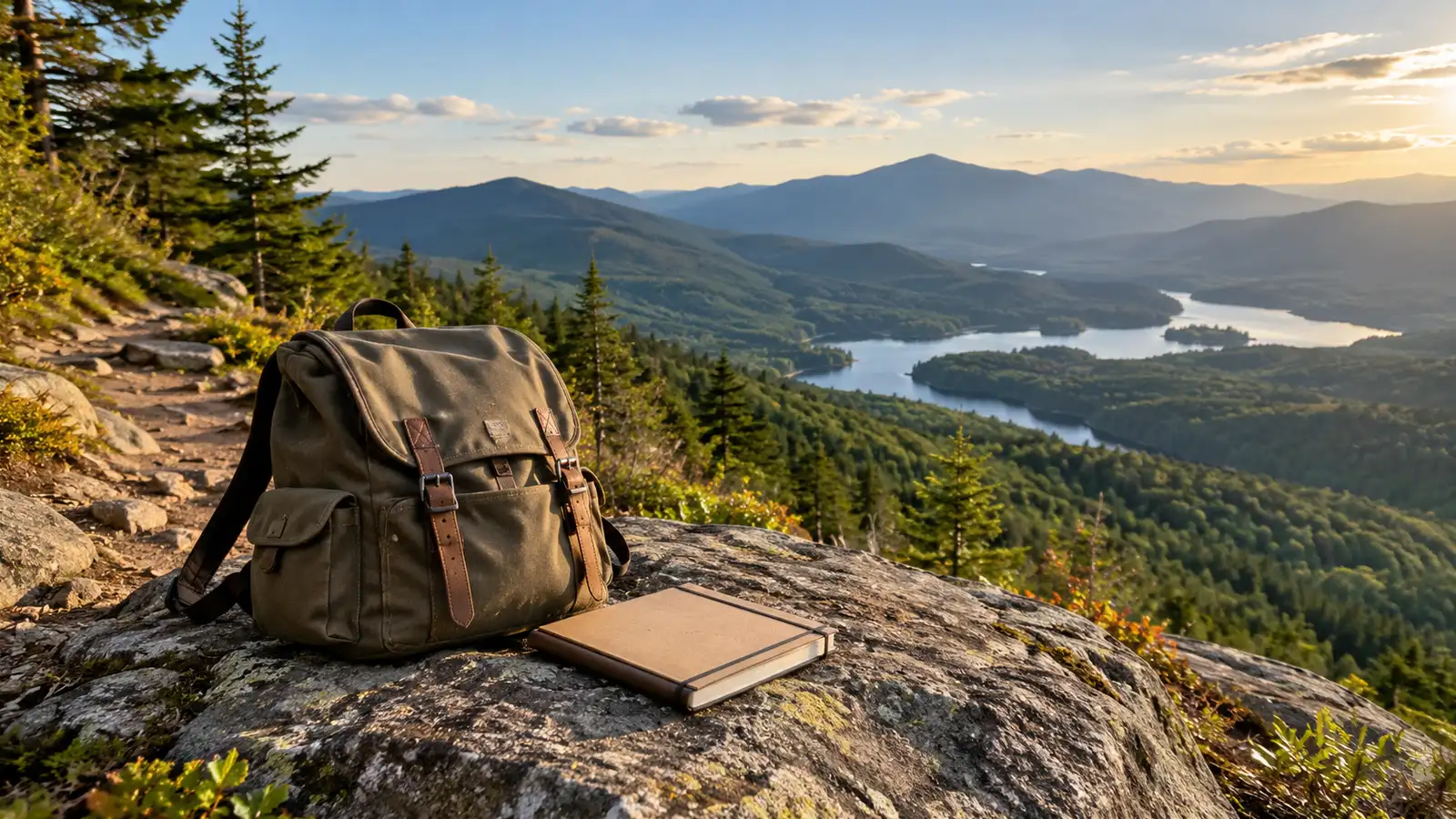 A canvas backpack and closed sketchbook rest beside a mountain trail overlooking a green valley.