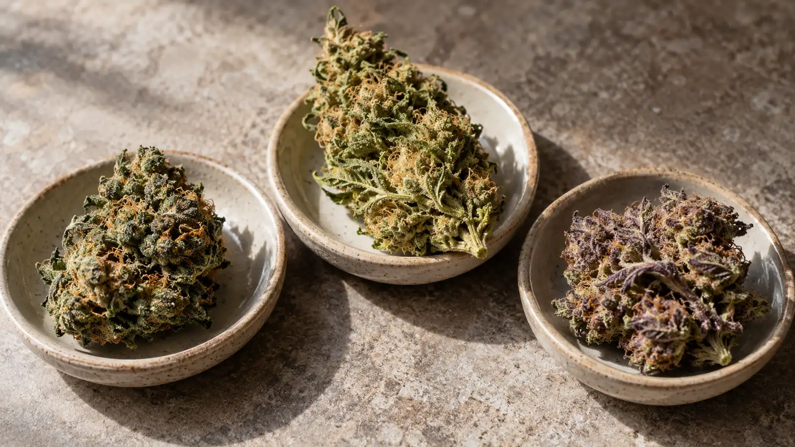 Three cannabis flower samples show differences in shape, color and surface texture.