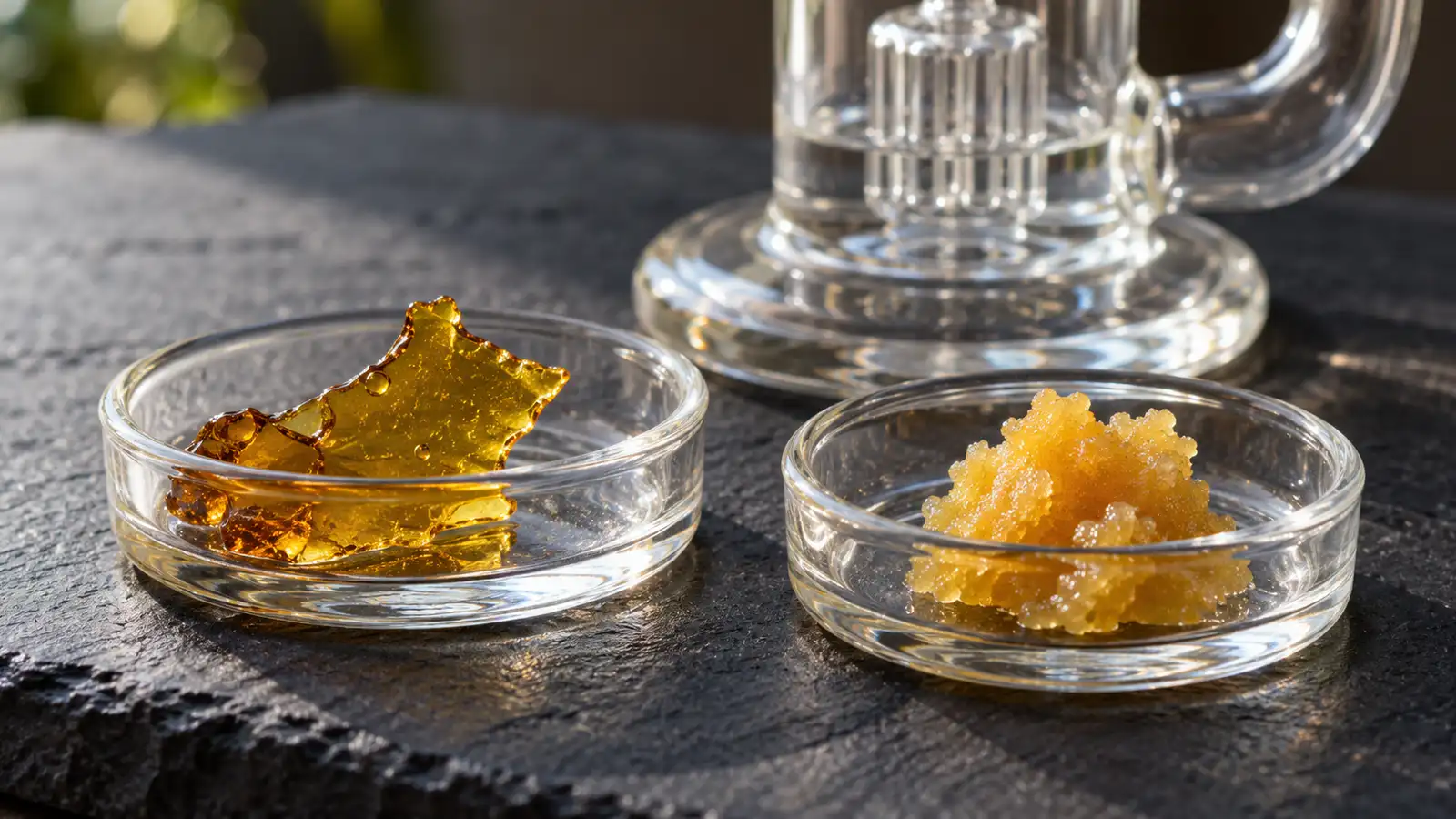 Amber shatter and golden wax sit in glass dishes with a clear glass dab rig in the background.