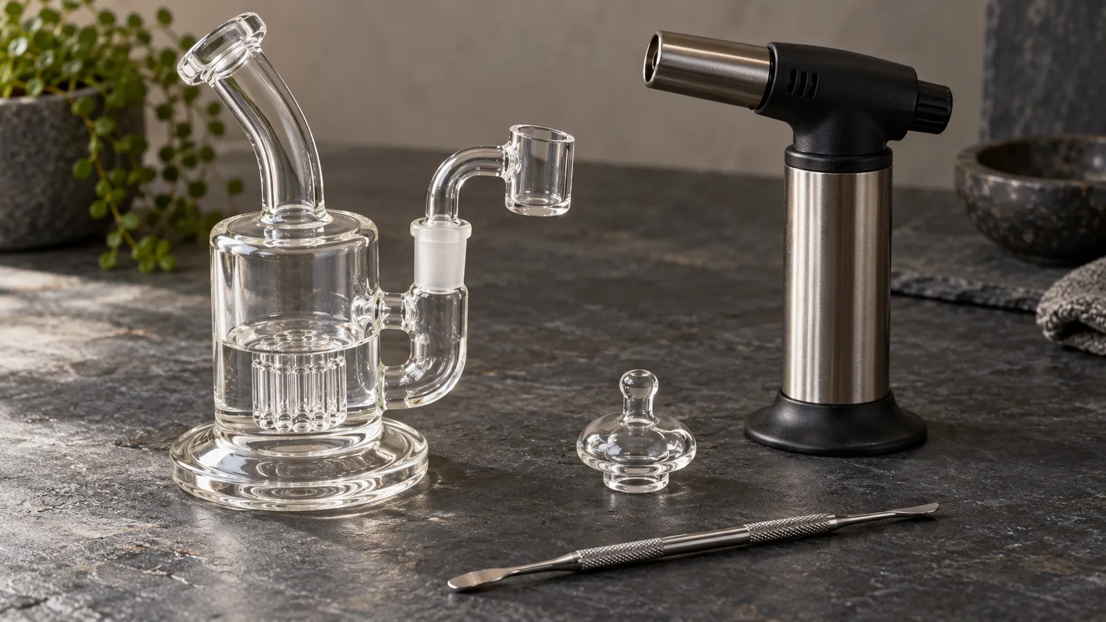 Skleněný dab rig, carb cap, dabovací nástroj a nezapálený hořák leží na břidlicové desce stolu.